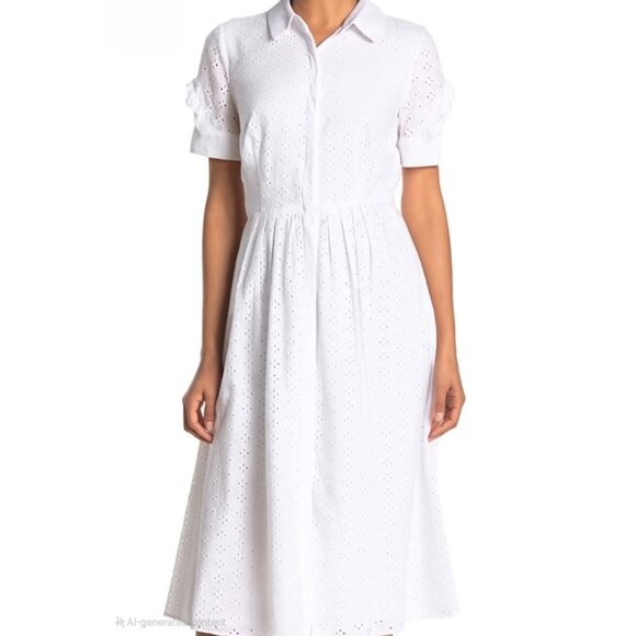 Tommy Hilfiger Size 2 Eyelet Shirt dress Button Puffed Sleeve Midi Fit Flare - Picture 1 of 10